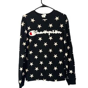 Champion Black & White Star Detail Long Sleeve Pullover Sweatshirt Men Sz S